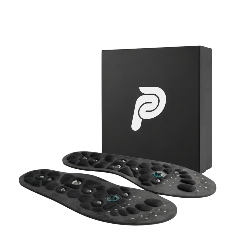 Black orthotic inserts with a branded box on a white background