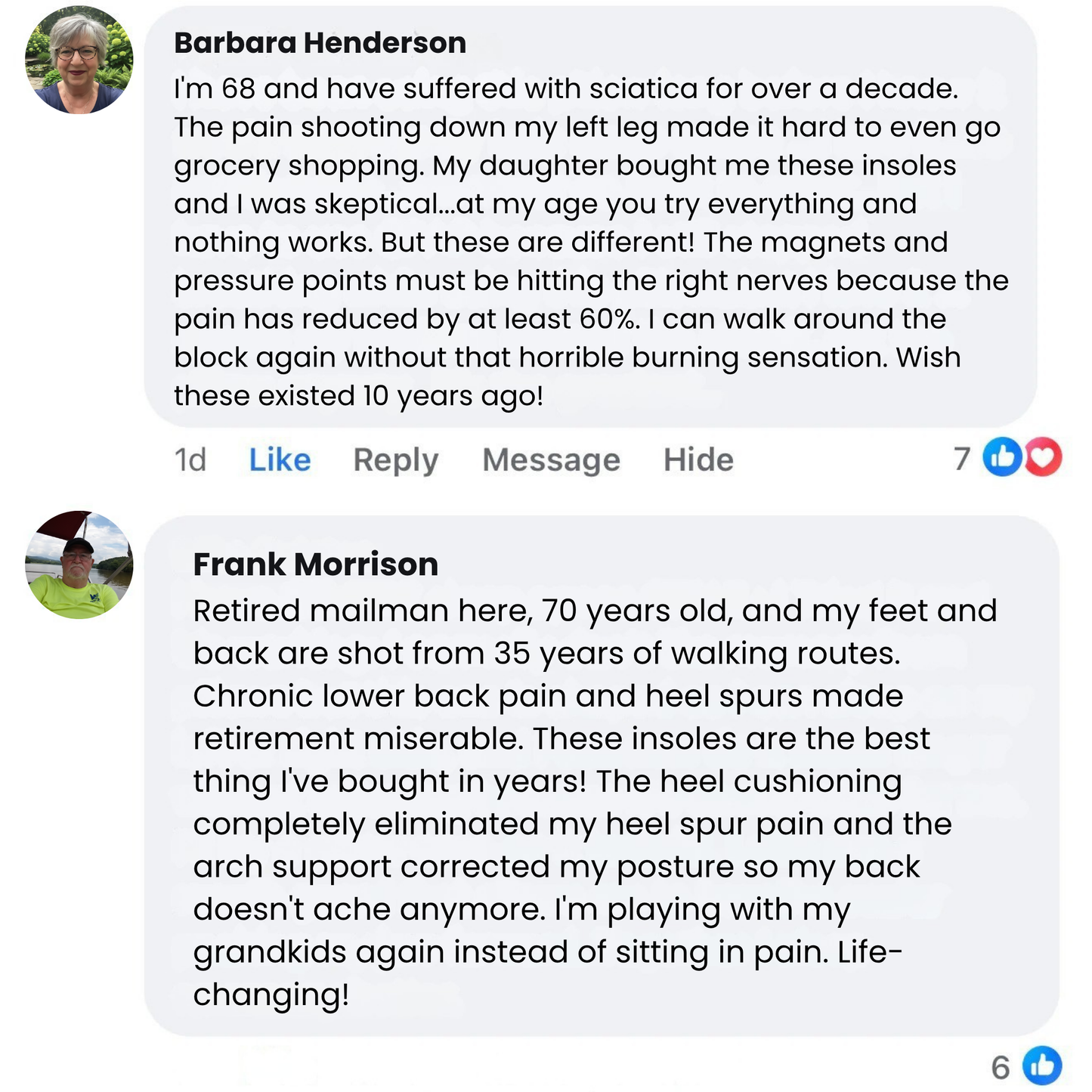 Two user comments on a platform discussing the effectiveness of magnetic insoles for pain relief.